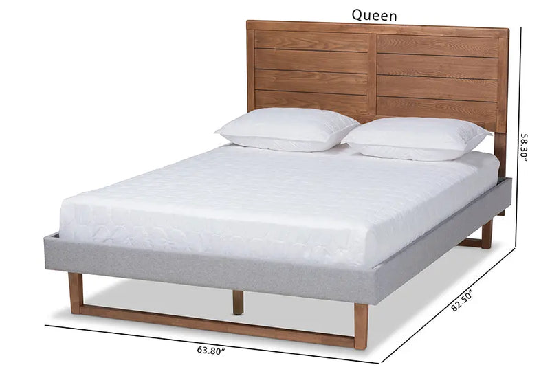 Clare Light Gray Fabric Walnut Brown Wood Platform Bed (Full) iHome Studio