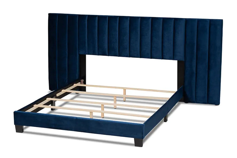 Claudia Navy Blue Velvet Fabric Panel Bed w/Extra Wide Channel Headboard (King) iHome Studio