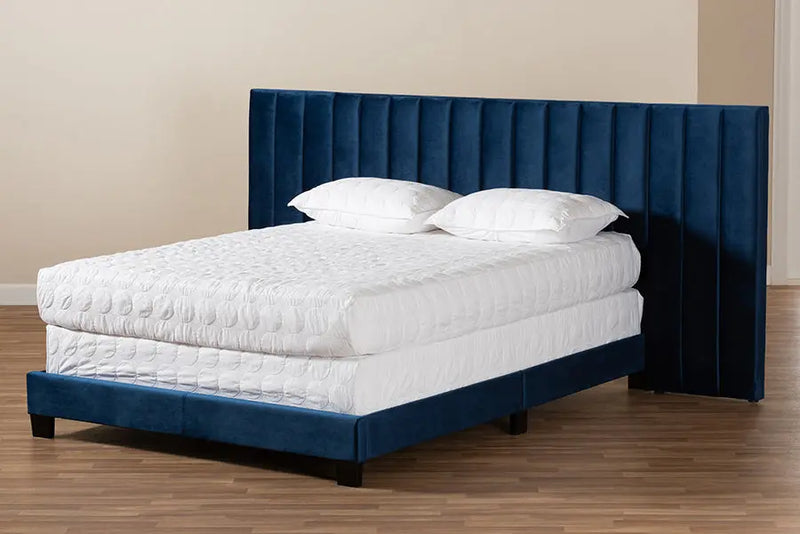 Claudia Navy Blue Velvet Fabric Panel Bed w/Extra Wide Channel Headboard (King) iHome Studio