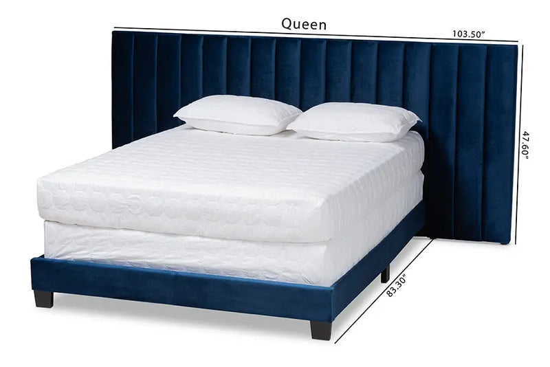 Claudia Navy Blue Velvet Fabric Panel Bed w/Extra Wide Channel Headboard (King) iHome Studio