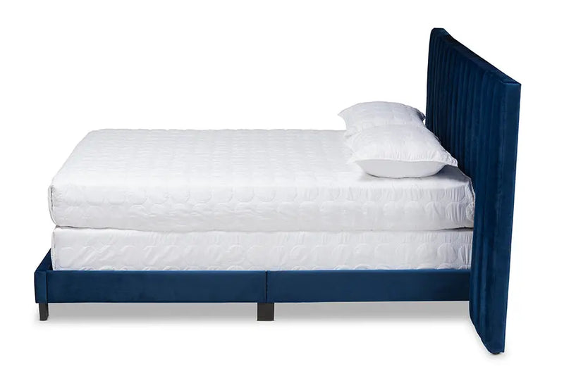 Claudia Navy Blue Velvet Fabric Panel Bed w/Extra Wide Channel Headboard (Queen) iHome Studio