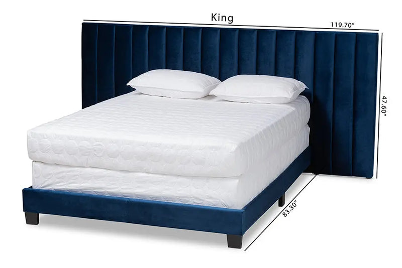 Claudia Navy Blue Velvet Fabric Panel Bed w/Extra Wide Channel Headboard (Queen) iHome Studio