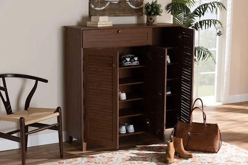 Clevedon Walnut Finished 11-Shelf Wood Shoe Storage Cabinet w/Drawer iHome Studio
