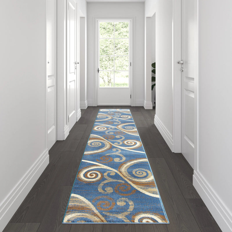 Clifton Collection 2' x 11' Blue Abstract Area Rug - Olefin Rug with Jute Backing iHome Studio