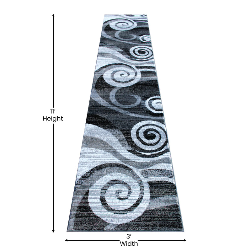 Clifton Collection 2' x 11' Gray Swirl Patterned Olefin Area Rug with Jute Backing iHome Studio