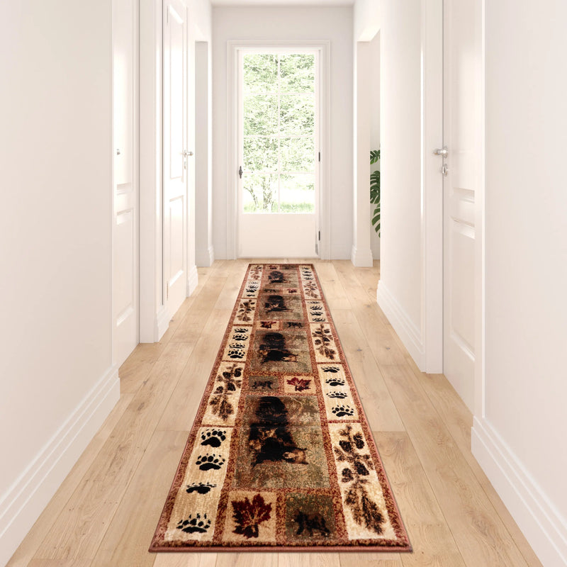 Clifton Collection 2' x 11' Mother Bear & Cubs Nature Themed Olefin Area Rug with Jute Backing iHome Studio