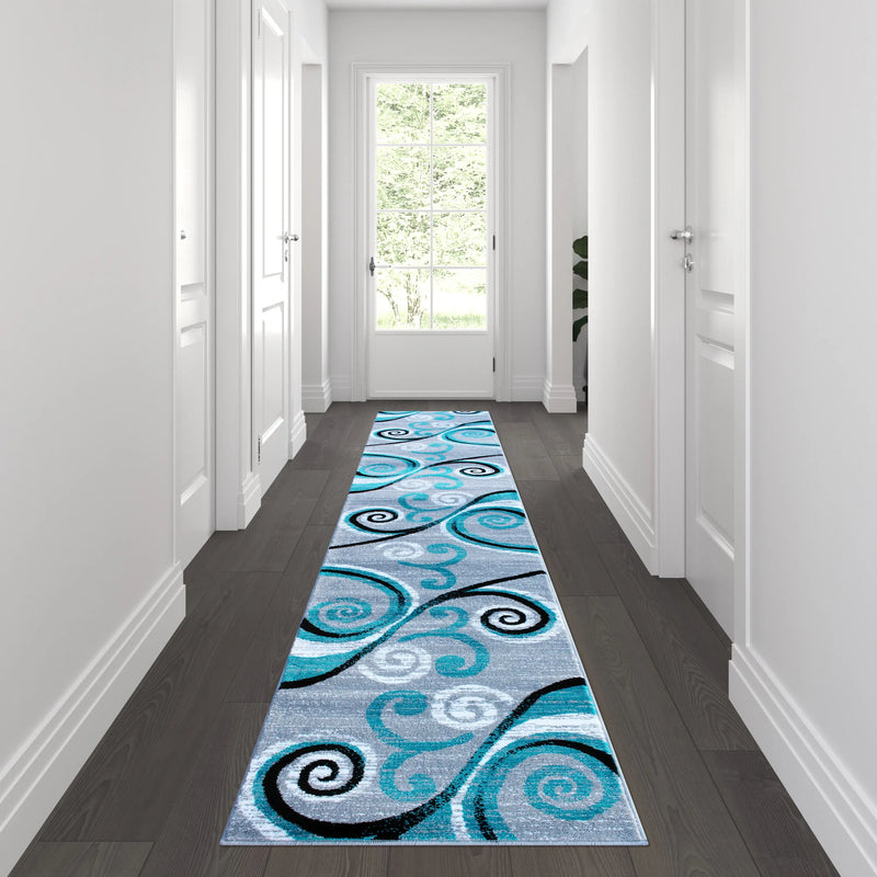 Clifton Collection 2' x 11' Turquoise Abstract Area Rug - Olefin Rug with Jute Backing iHome Studio