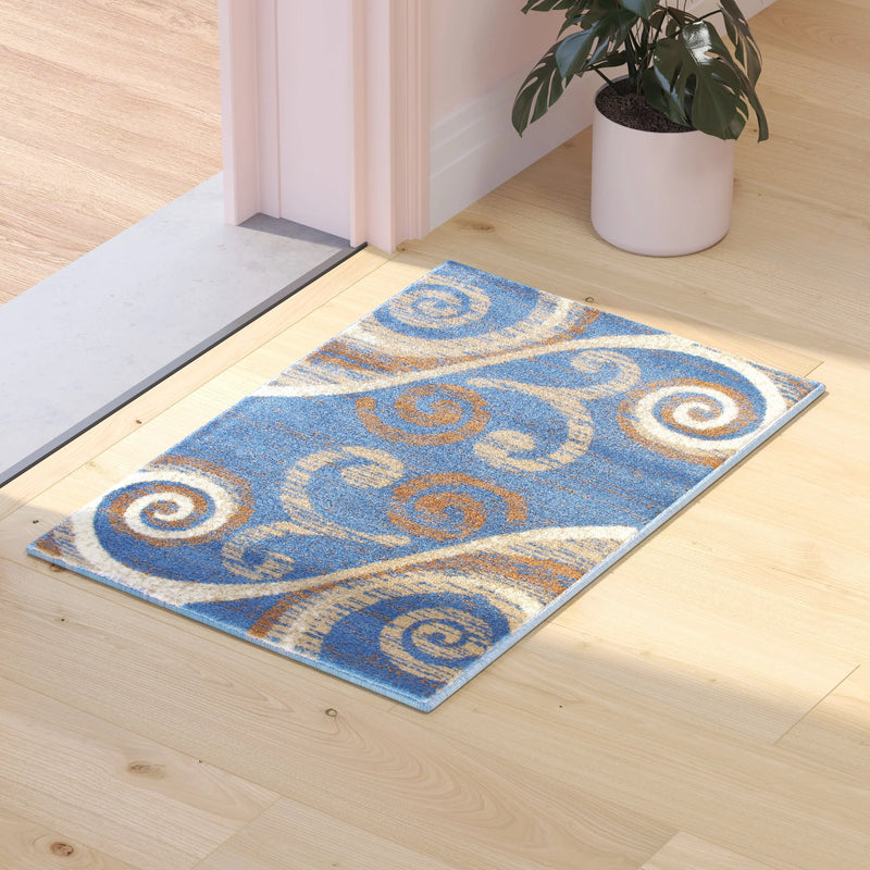 Clifton Collection 2' x 3' Blue Abstract Area Rug - Olefin Rug with Jute Backing iHome Studio