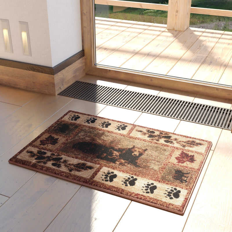 Clifton Collection 2' x 3' Mother Bear & Cubs Nature Themed Olefin Area Rug with Jute Backing iHome Studio