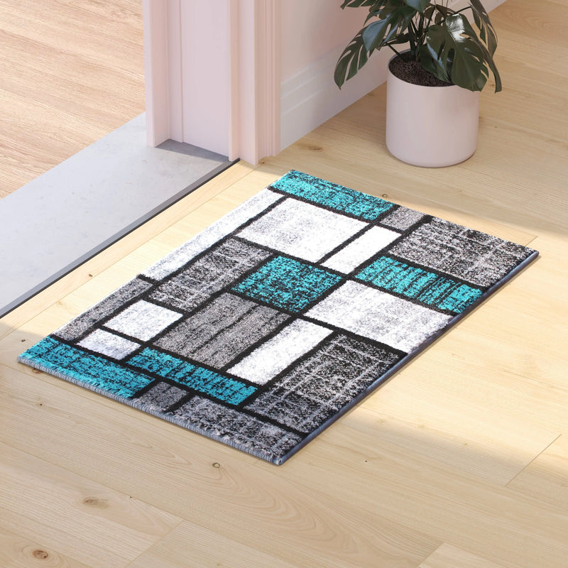Clifton Collection 2' x 3' Turquoise Color Bricked Olefin Area Rug with Jute Backing iHome Studio