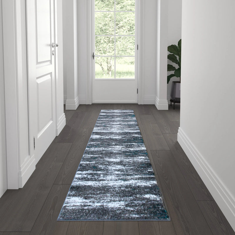 Clifton Collection 2' x 7' Distressed Turquoise Olefin Area Rug with Jute Backing iHome Studio