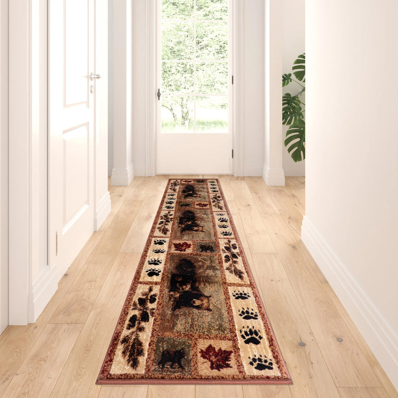 Clifton Collection 2' x 7' Mother Bear & Cubs Nature Themed Olefin Area Rug with Jute Backing iHome Studio