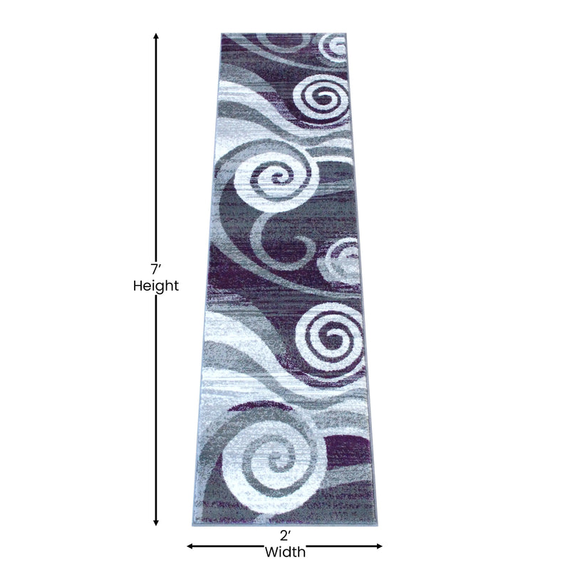 Clifton Collection 2' x 7' Purple Swirl Patterned Olefin Area Rug with Jute Backing iHome Studio