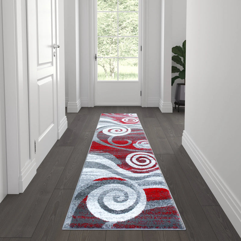 Clifton Collection 2' x 7' Red Swirl Patterned Olefin Area Rug with Jute Backing iHome Studio