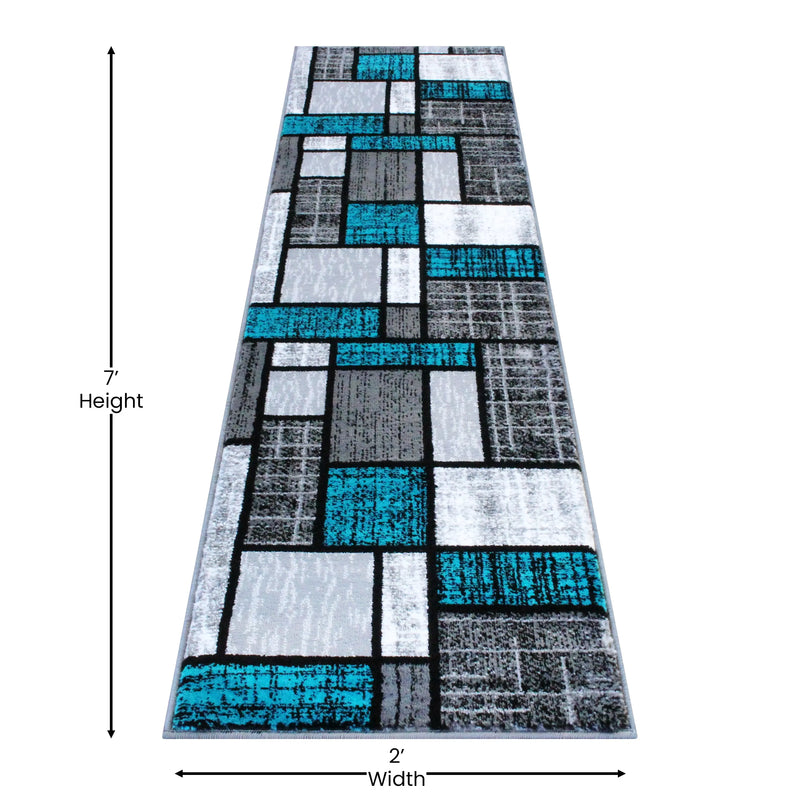 Clifton Collection 2' x 7' Turquoise Color Bricked Olefin Area Rug with Jute Backing iHome Studio
