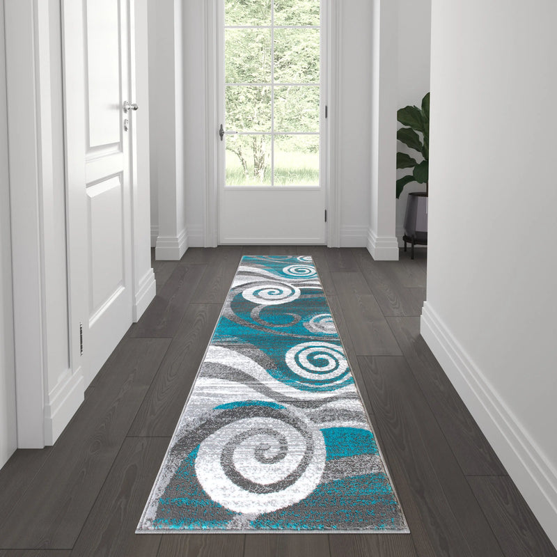 Clifton Collection 2' x 7' Turquoise Swirl Patterned Olefin Area Rug with Jute Backing iHome Studio