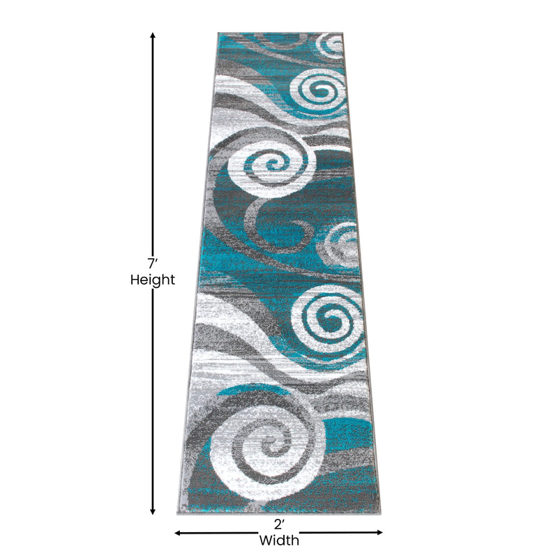 Clifton Collection 2' x 7' Turquoise Swirl Patterned Olefin Area Rug with Jute Backing iHome Studio