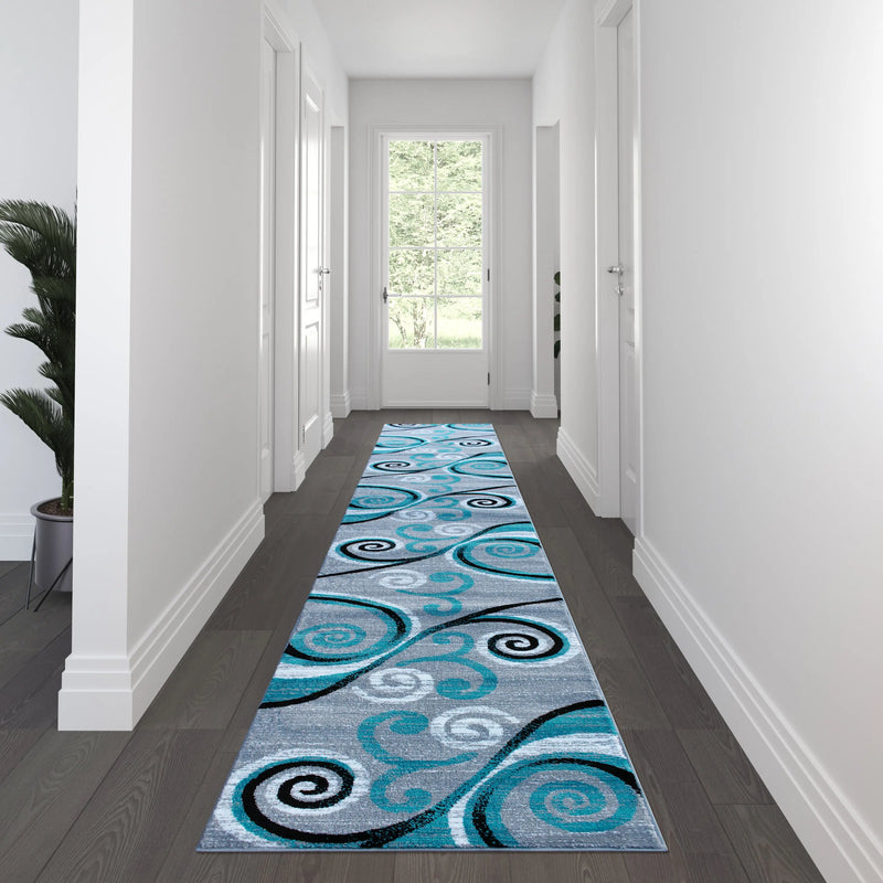 Clifton Collection 3' x 16' Turquoise Abstract Area Rug - Olefin Rug with Jute Backing iHome Studio