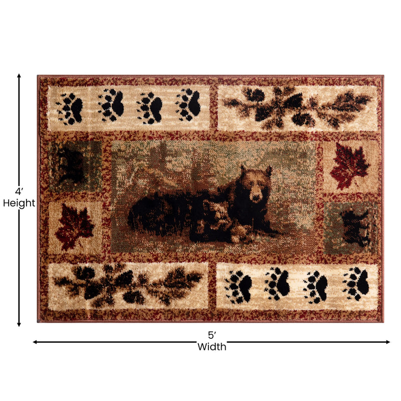 Clifton Collection 4' x 5' Mother Bear & Cubs Nature Themed Olefin Area Rug with Jute Backing iHome Studio