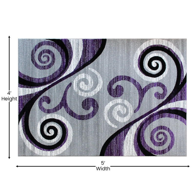 Clifton Collection 4' x 5' Purple Abstract Area Rug - Olefin Rug with Jute Backing iHome Studio