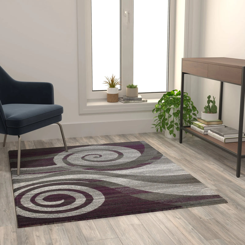 Clifton Collection 4' x 5' Purple Swirl Patterned Olefin Area Rug with Jute Backing iHome Studio