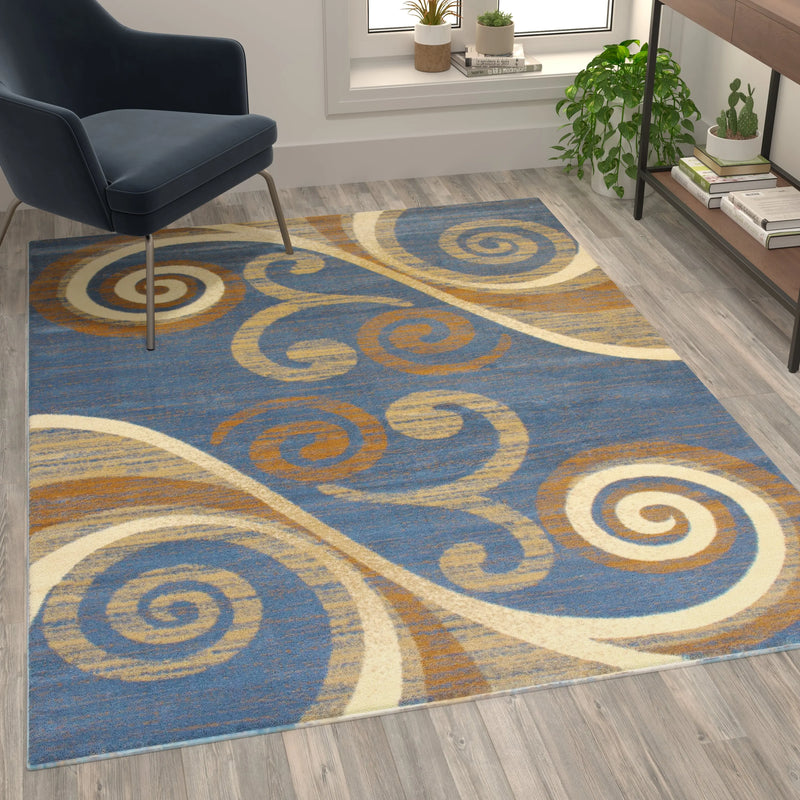 Clifton Collection 5' x 7' Blue Abstract Area Rug - Olefin Rug with Jute Backing iHome Studio