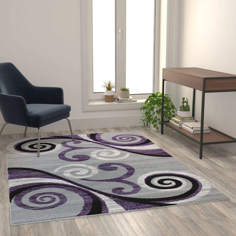 Clifton Collection 5' x 7' Purple Abstract Area Rug - Olefin Rug with Jute Backing iHome Studio