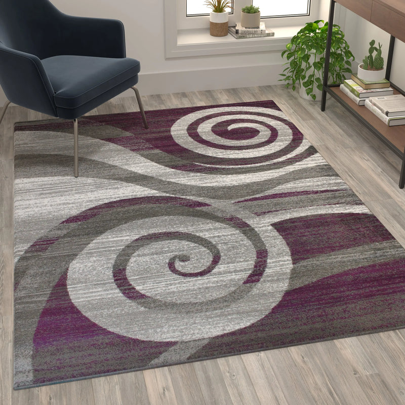 Clifton Collection 5' x 7' Purple Swirl Patterned Olefin Area Rug with Jute Backing iHome Studio
