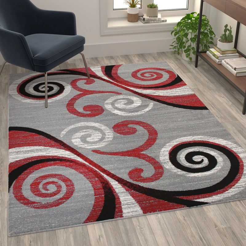 Clifton Collection 5' x 7' Red Abstract Area Rug - Olefin Rug with Jute Backing iHome Studio
