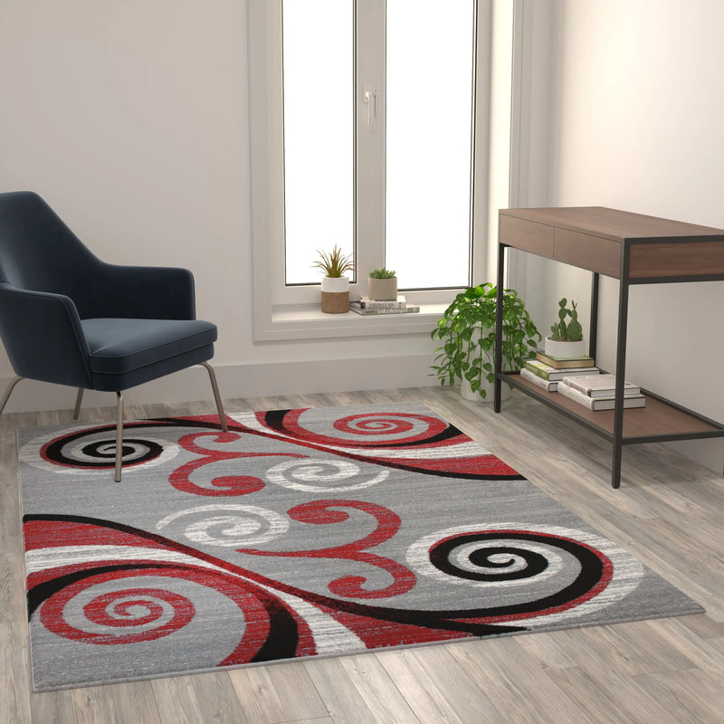 Clifton Collection 5' x 7' Red Abstract Area Rug - Olefin Rug with Jute Backing iHome Studio