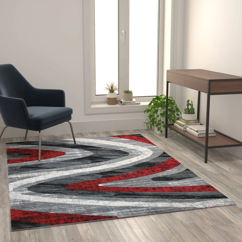 Clifton Collection 5' x 7' Red Wave Patterned Olefin Area Rug with Jute Backing iHome Studio