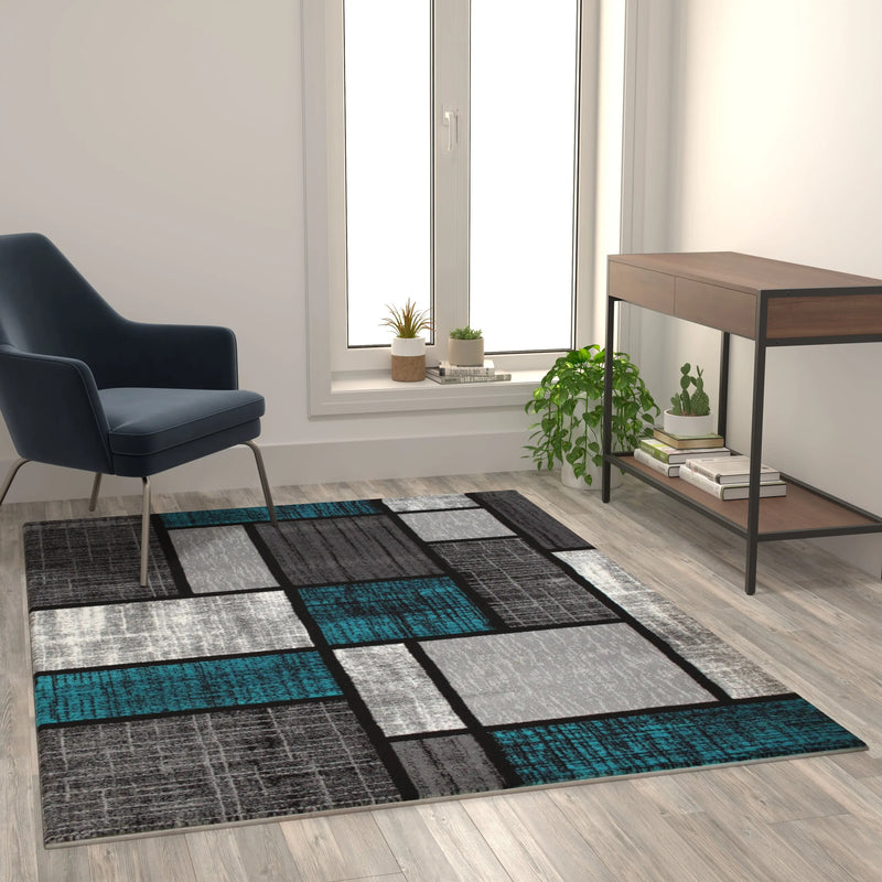 Clifton Collection 5' x 7' Turquoise Color Bricked Olefin Area Rug with Jute Backing iHome Studio