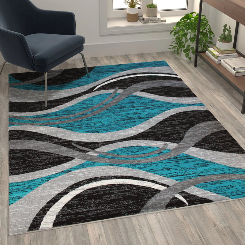 Clifton Collection 5' x 7' Turquoise Rippled Olefin Area Rug with Jute Backing iHome Studio