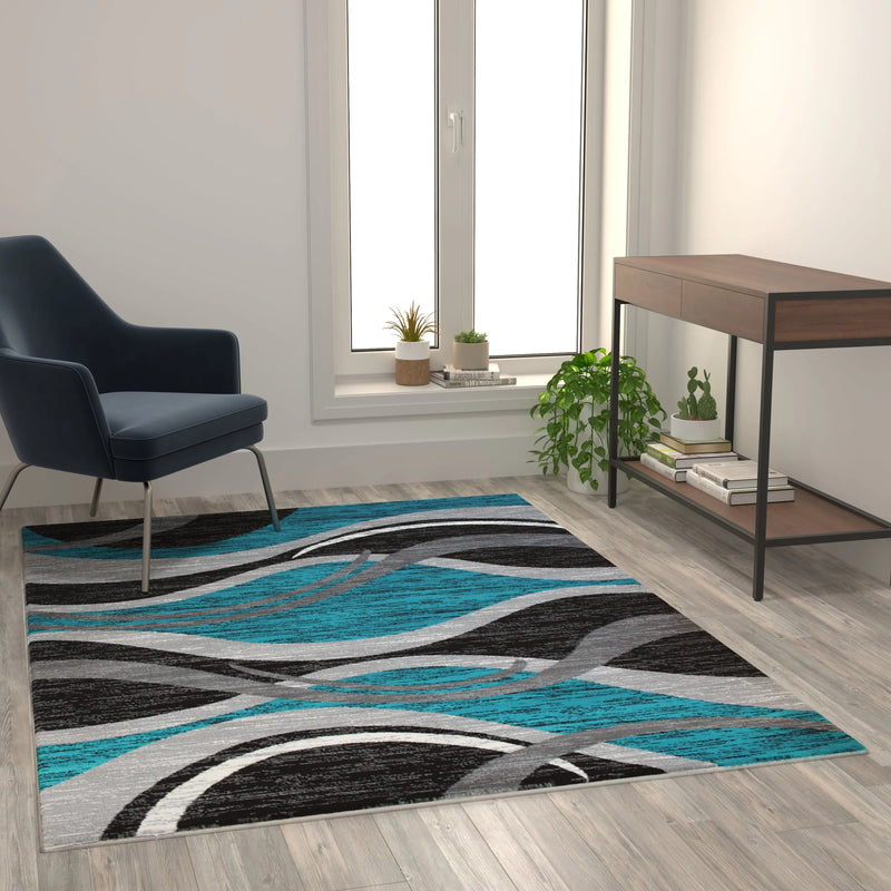 Clifton Collection 5' x 7' Turquoise Rippled Olefin Area Rug with Jute Backing iHome Studio