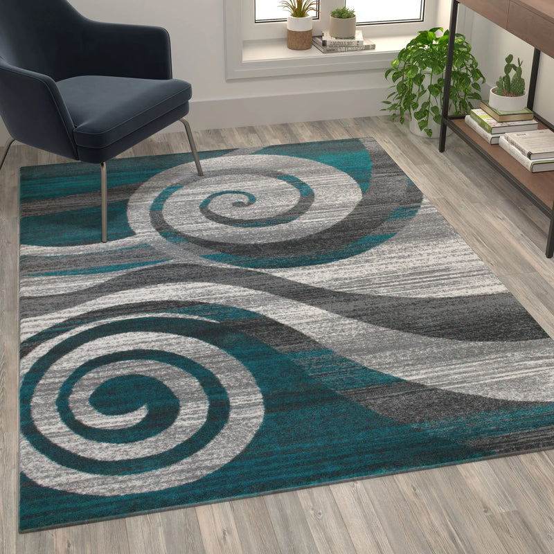 Clifton Collection 5' x 7' Turquoise Swirl Patterned Olefin Area Rug with Jute Backing iHome Studio
