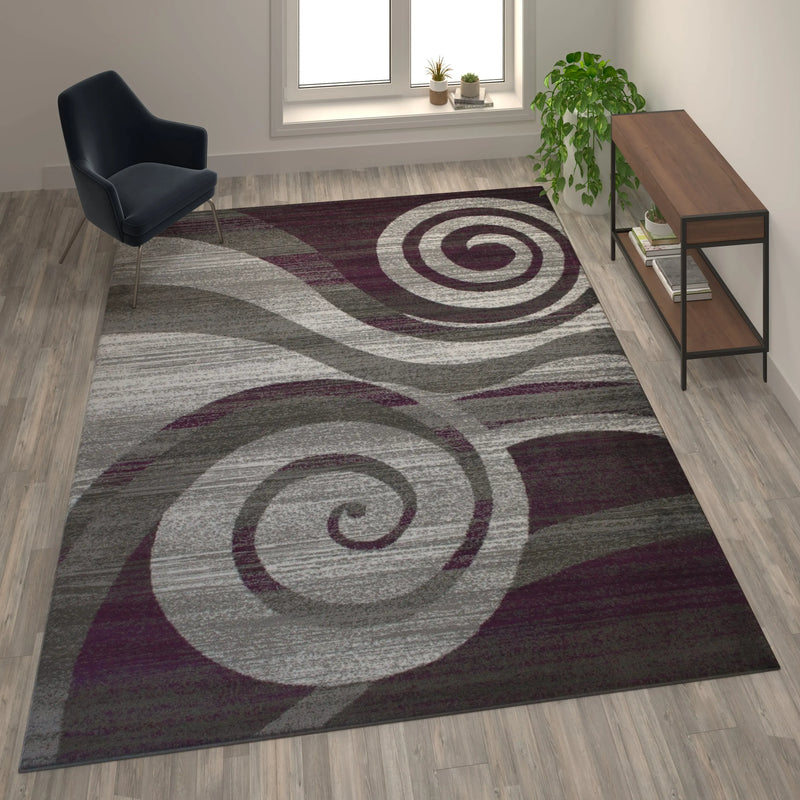 Clifton Collection 6' x 9' Purple Swirl Patterned Olefin Area Rug with Jute Backing iHome Studio