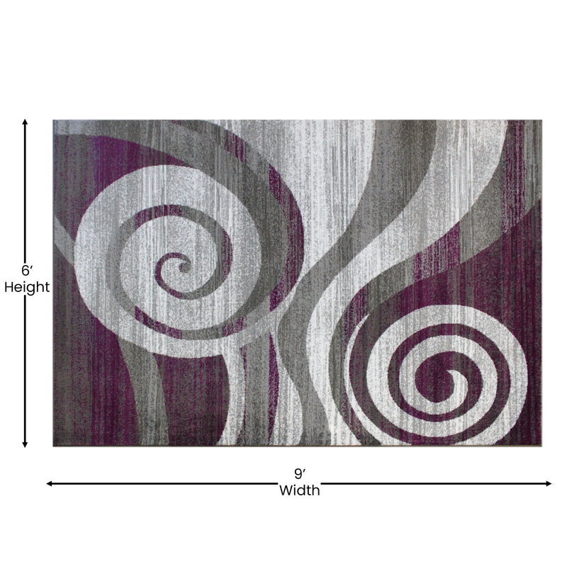 Clifton Collection 6' x 9' Purple Swirl Patterned Olefin Area Rug with Jute Backing iHome Studio
