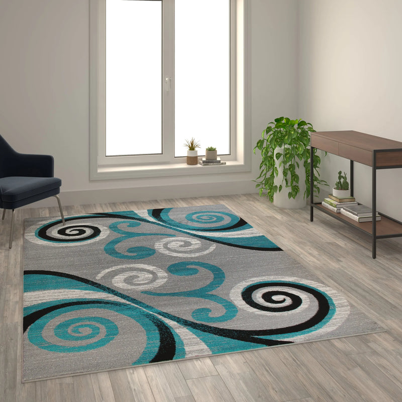 Clifton Collection 6' x 9' Turquoise Abstract Area Rug - Olefin Rug with Jute Backing iHome Studio