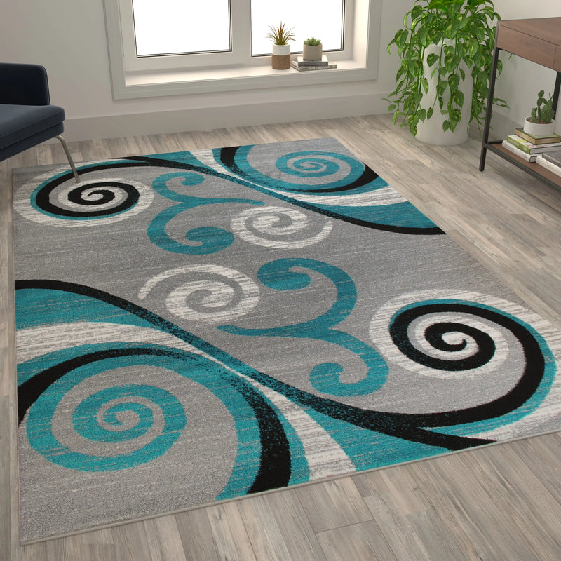 Clifton Collection 6' x 9' Turquoise Abstract Area Rug - Olefin Rug with Jute Backing iHome Studio