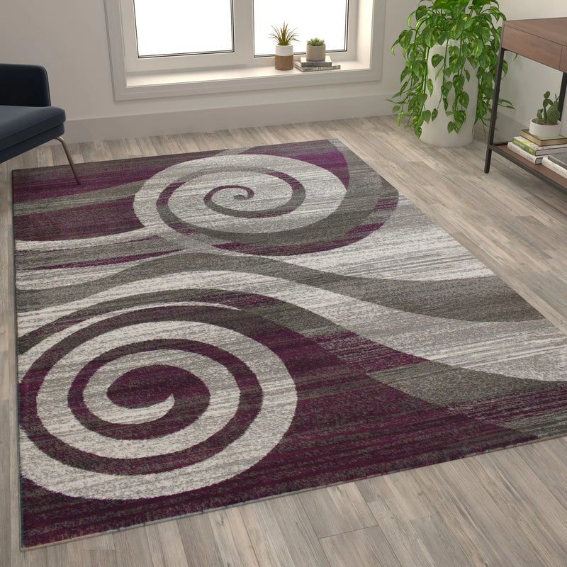 Clifton Collection 8' x 10' Purple Swirl Patterned Olefin Area Rug with Jute Backing iHome Studio