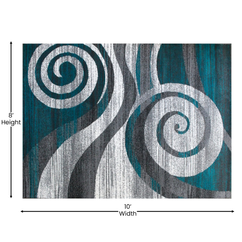 Clifton Collection 8' x 10' Turquoise Swirl Patterned Olefin Area Rug with Jute Backing iHome Studio