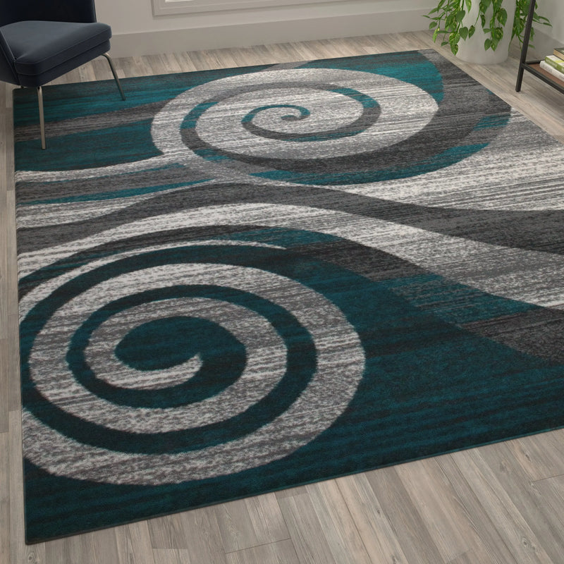 Clifton Collection 8' x 10' Turquoise Swirl Patterned Olefin Area Rug with Jute Backing iHome Studio