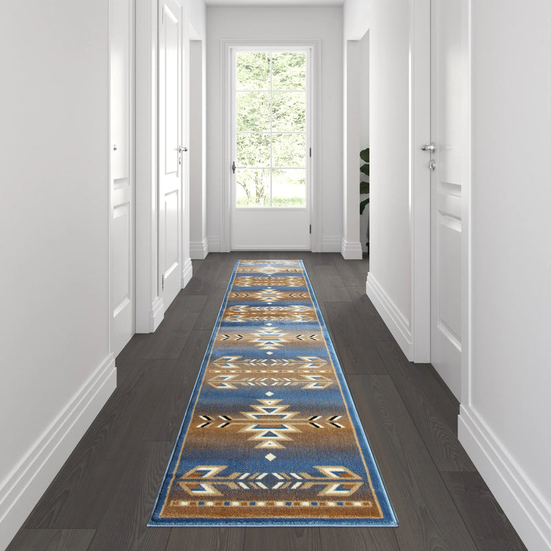 Clifton Collection Southwestern 2' x 11' Blue Area Rug - Olefin Rug with Jute Backing iHome Studio