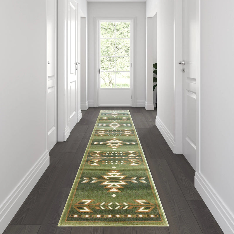 Clifton Collection Southwestern 2' x 11' Green Area Rug - Olefin Rug with Jute Backing iHome Studio