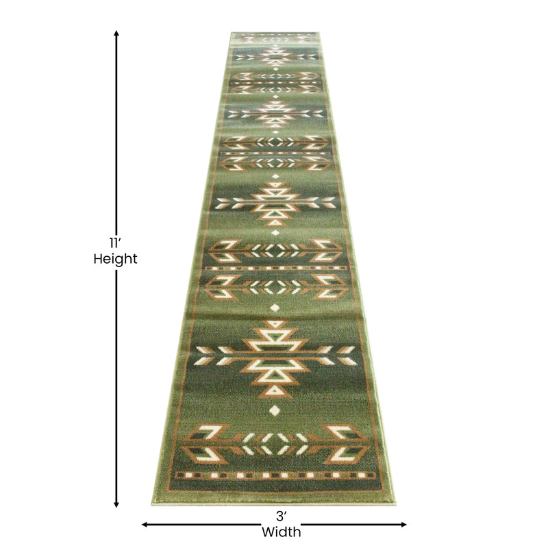 Clifton Collection Southwestern 2' x 11' Green Area Rug - Olefin Rug with Jute Backing iHome Studio