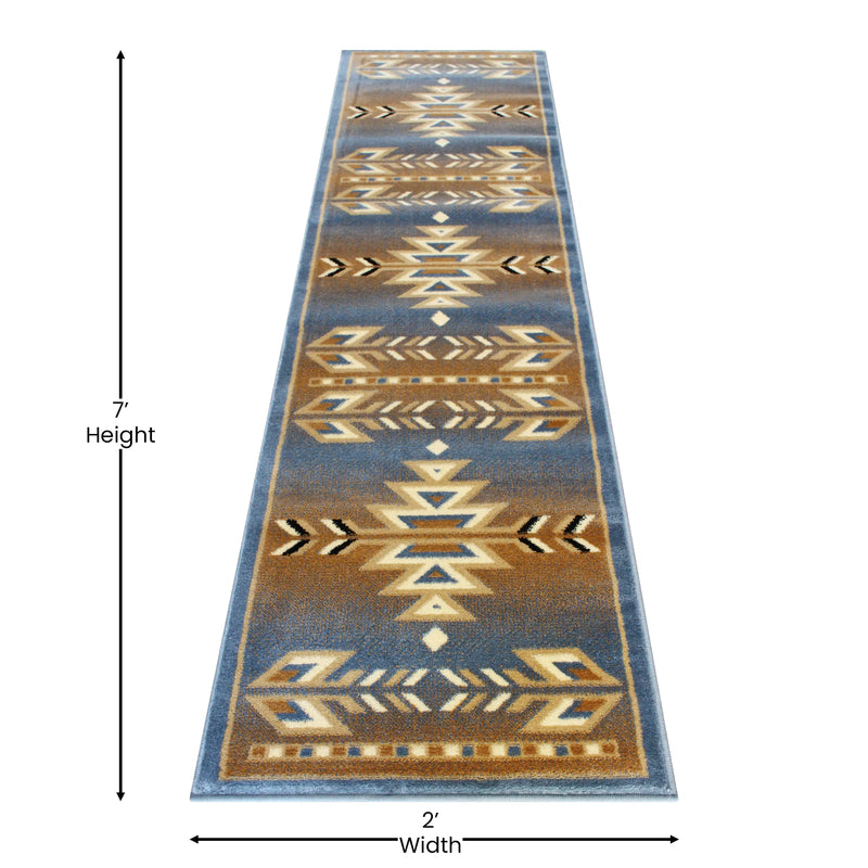 Clifton Collection Southwestern 2' x 7' Blue Area Rug - Olefin Rug with Jute Backing iHome Studio