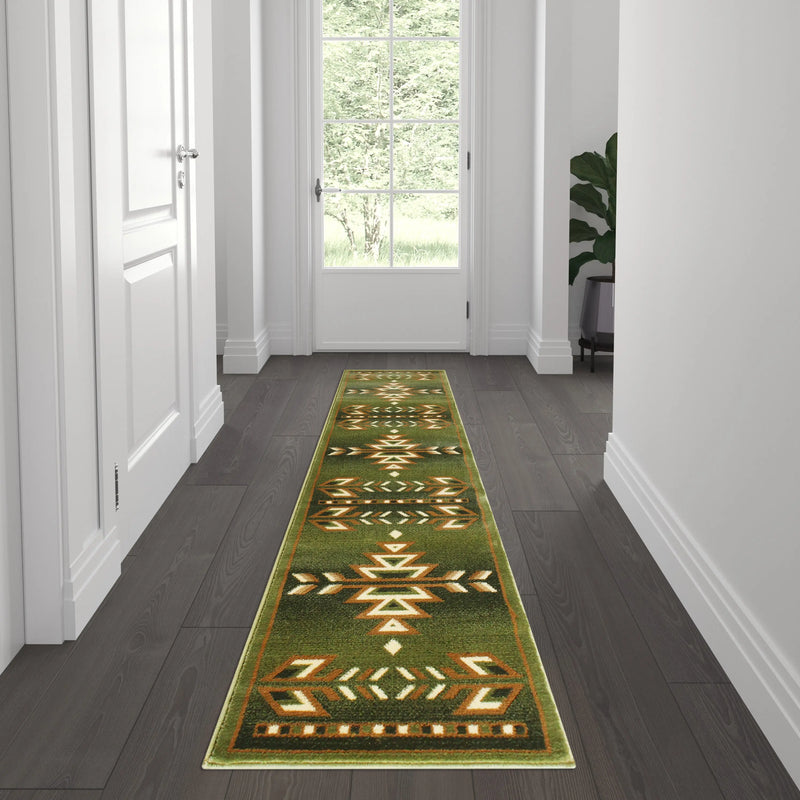 Clifton Collection Southwestern 2' x 7' Green Area Rug - Olefin Rug with Jute Backing iHome Studio