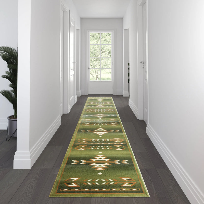 Clifton Collection Southwestern 3' x 16' Green Area Rug - Olefin Rug with Jute Backing iHome Studio