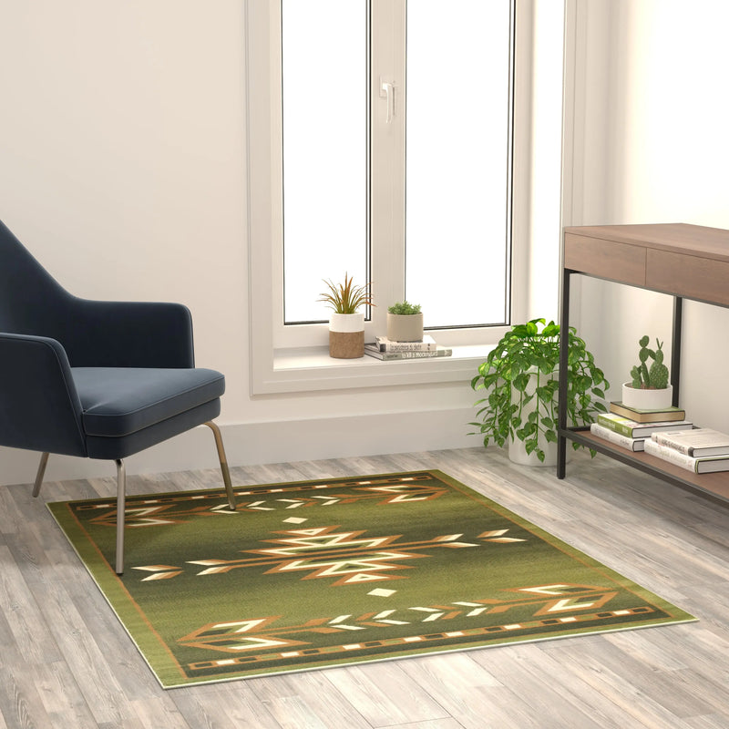 Clifton Collection Southwestern 4' x 5' Green Area Rug - Olefin Rug with Jute Backing iHome Studio