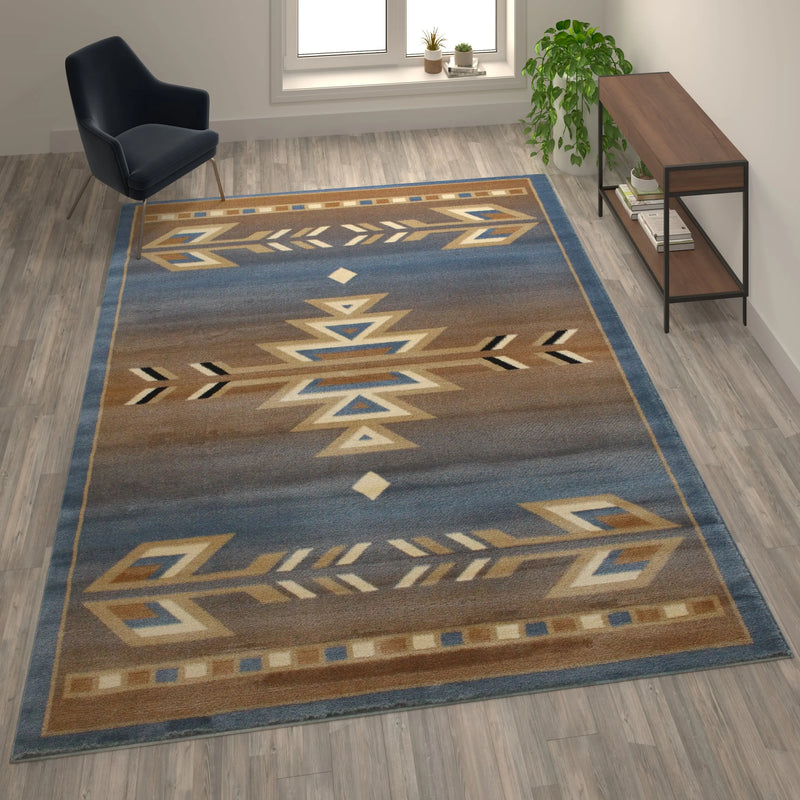 Clifton Collection Southwestern 8' x 10' Blue Area Rug - Olefin Rug with Jute Backing iHome Studio